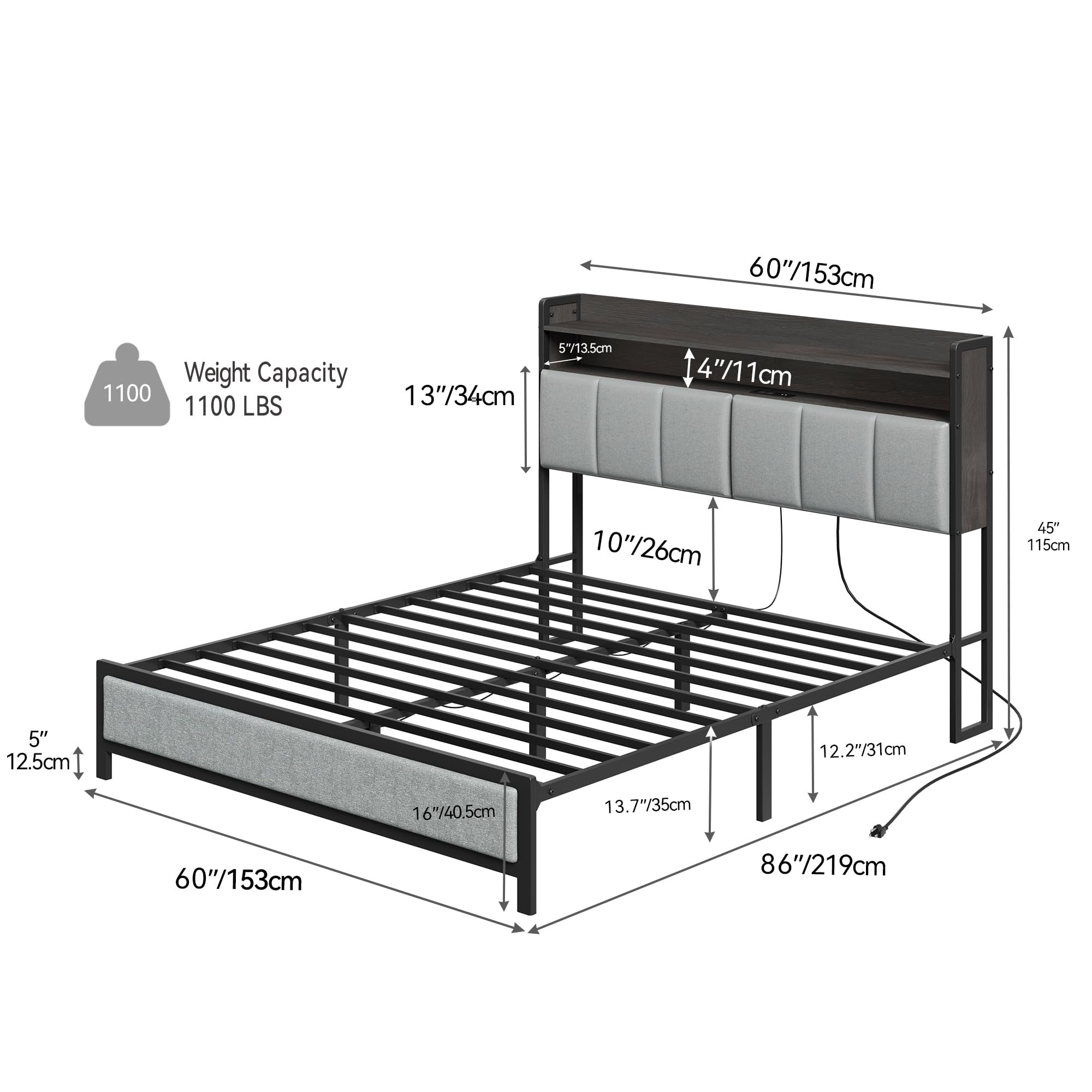 DWVO LED Bed Frame Queen Size, Upholstered Bed Frame Featuring Bookcase Headboard Storage, Platform Bed Frame with Built-in Charging Station, No Requirement for Box Spring, Simple Assembly, Gray