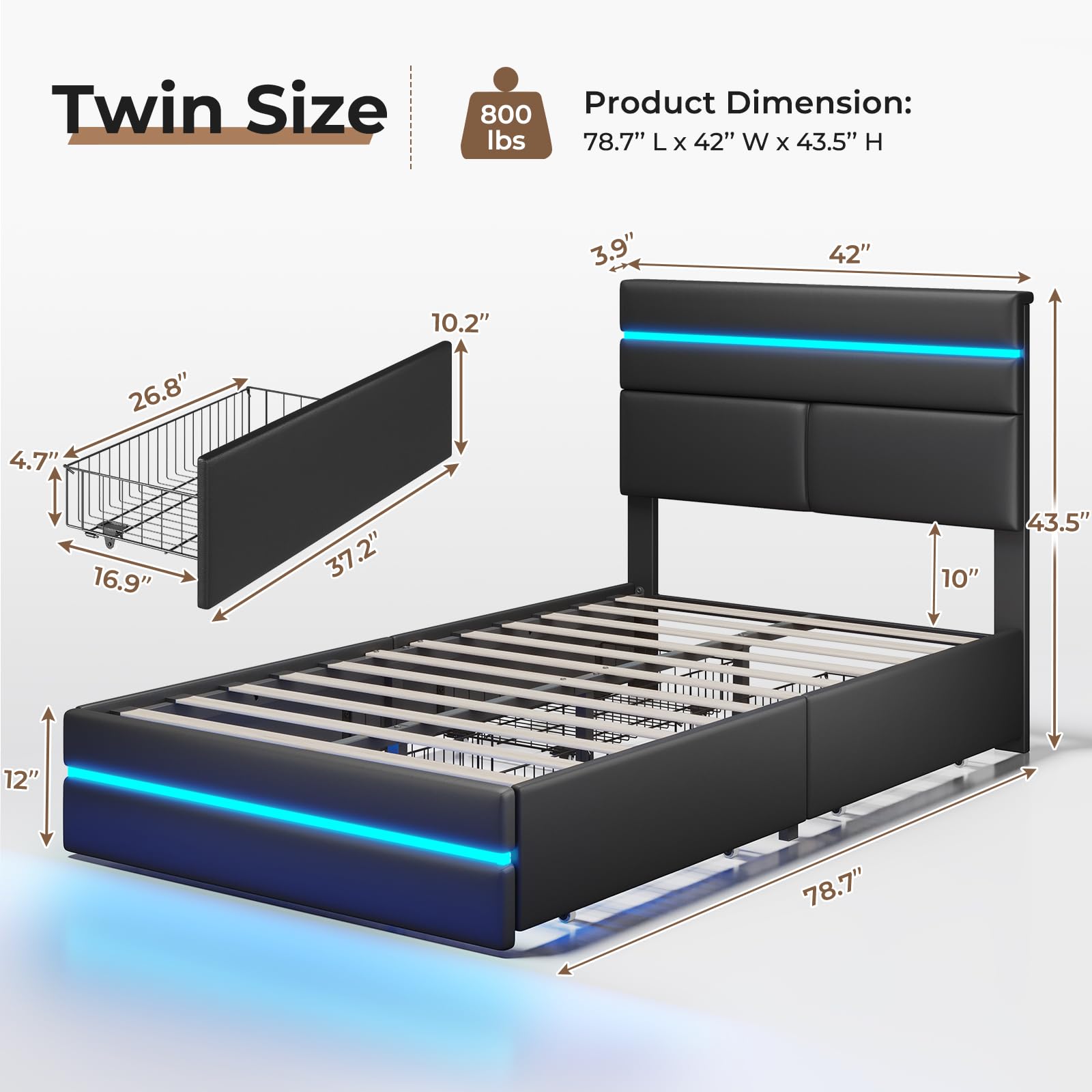 MSmask Twin Bed Frames with LED Lights and 4 Drawers, Upholstered Platform Bed Frame Twin Size with Lighted Storage Headboard & Footboard, Modern Black Futuristic Led Bed Frame, No Box Spring Needed