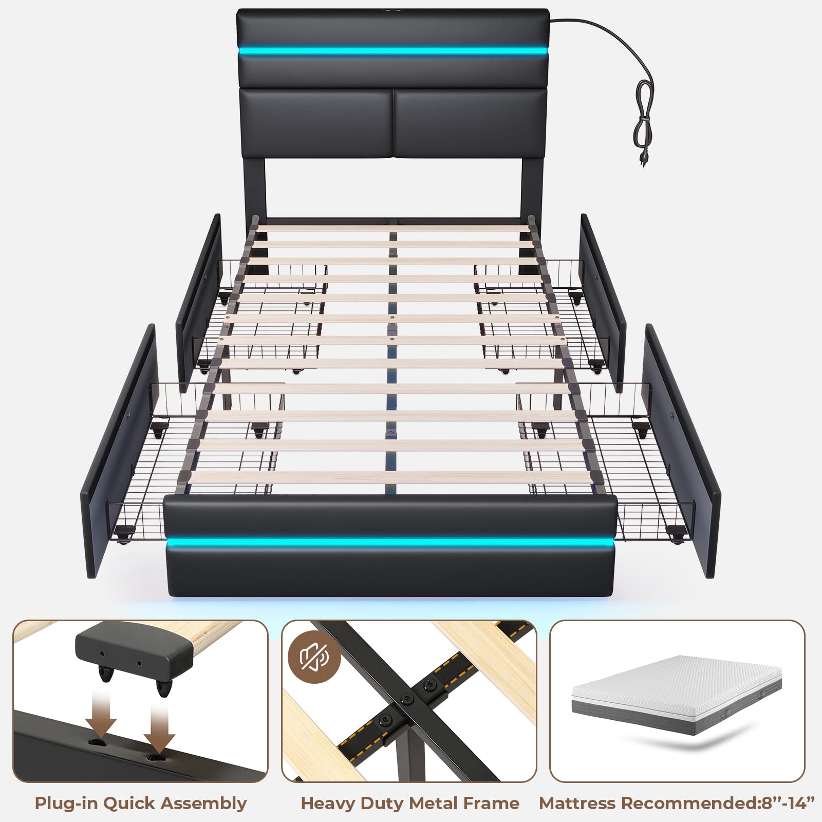 MSmask Twin Bed Frames with LED Lights and 4 Drawers, Upholstered Platform Bed Frame Twin Size with Lighted Storage Headboard & Footboard, Modern Black Futuristic Led Bed Frame, No Box Spring Needed