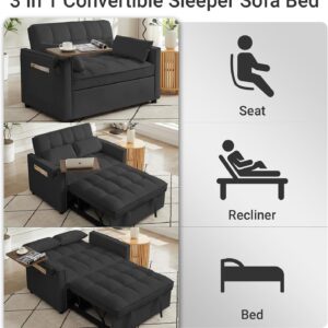 Rovibek 3 in 1 Convertible Sleeper Sofa Bed Pull Out Loveseat for Living Room Apartment Office with Side Table & Adjustable Backrest & Pillows, Black