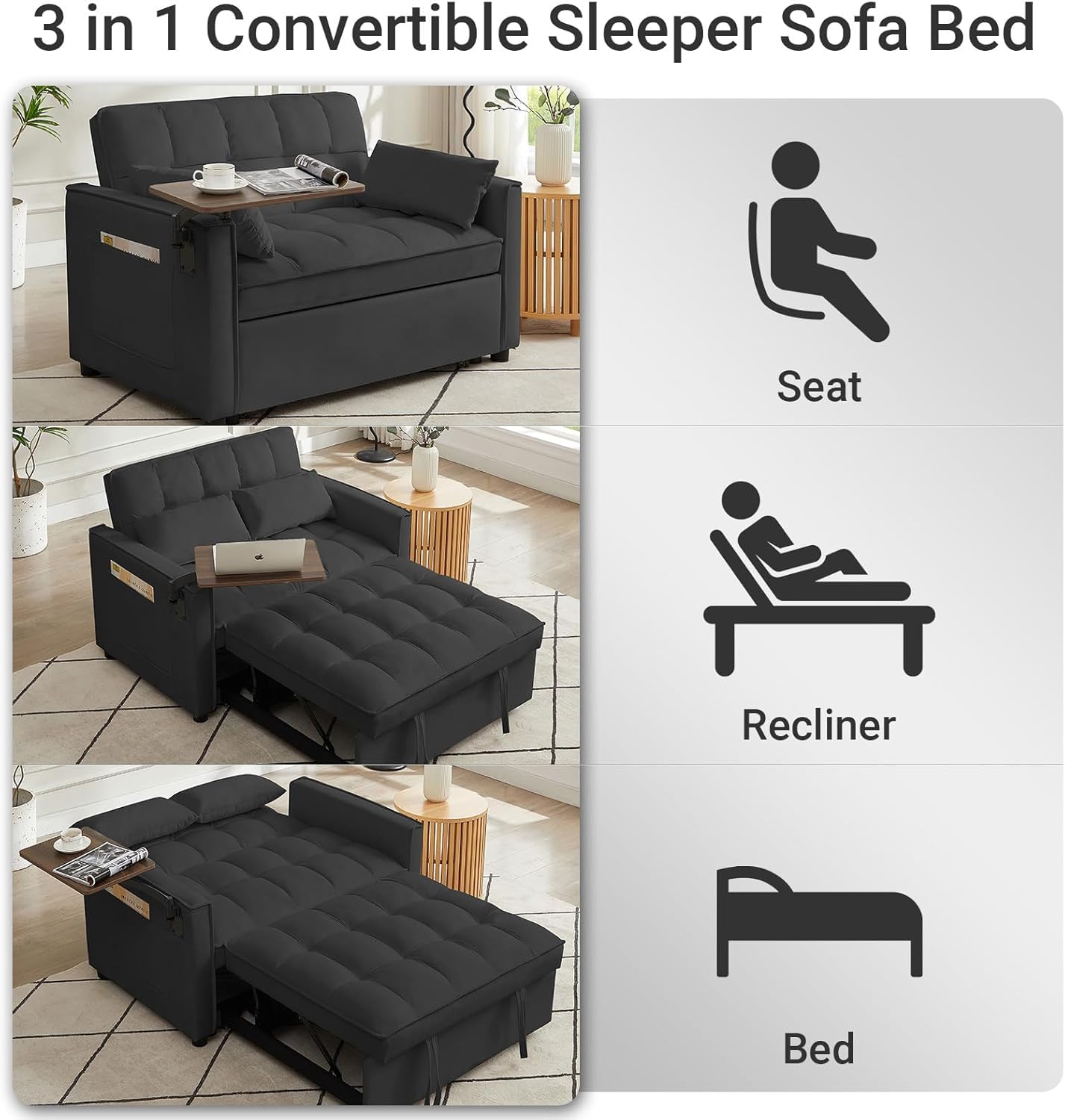 Rovibek 3 in 1 Convertible Sleeper Sofa Bed Pull Out Loveseat for Living Room Apartment Office with Side Table & Adjustable Backrest & Pillows, Black