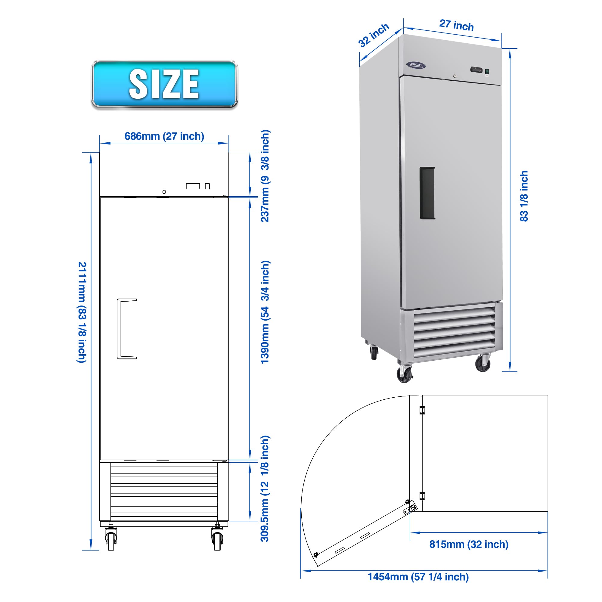 ORIKOOL 27"W Commercial Freezer Upright, -10℉ ~ 10℉ Stainless Steel Reach-in Freezer with 23 Cu.ft Capacity, Fan Cooling Single Door Freezer