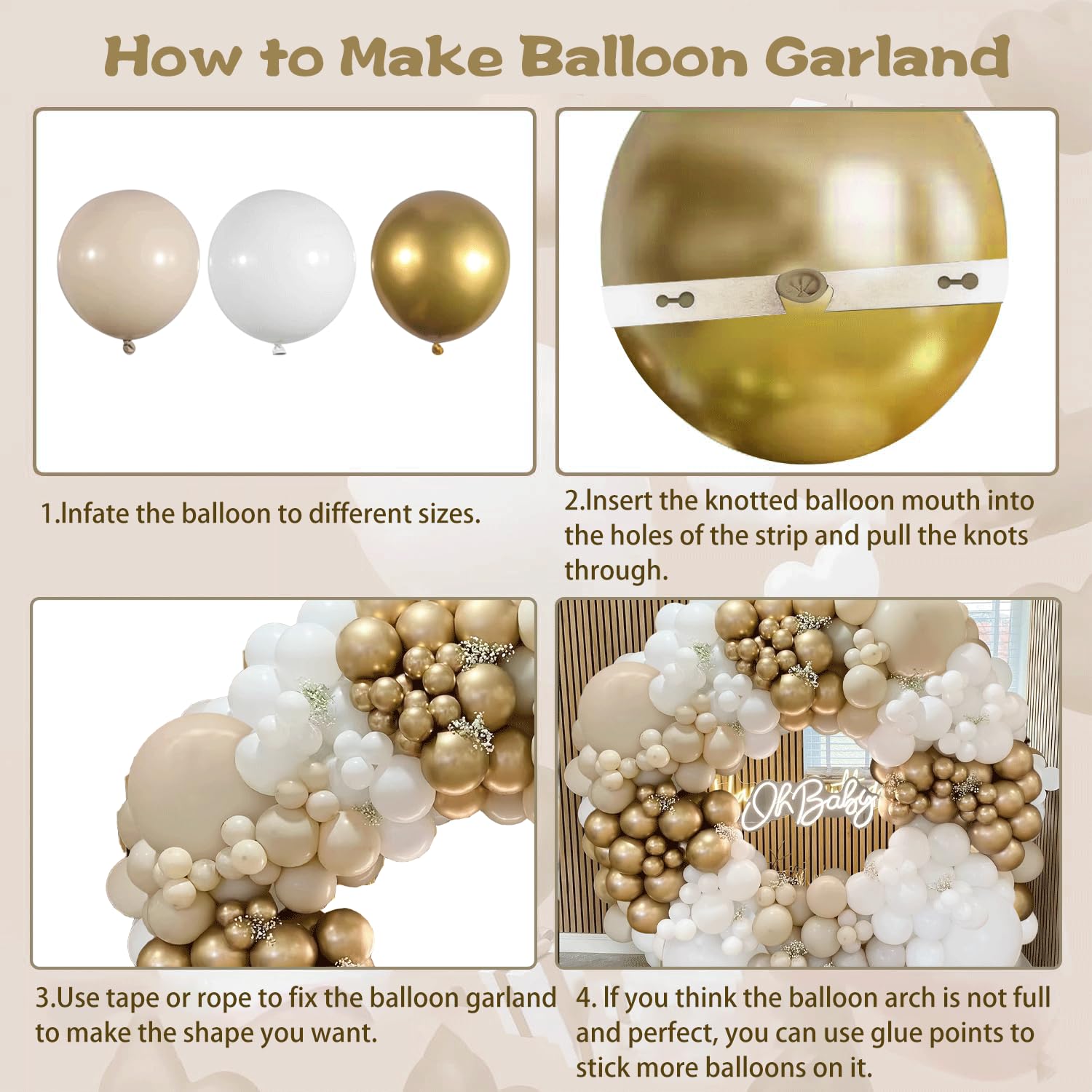 Sand White Gold Balloon Arch Kit,White Beige Balloons with Metallic Gold Latex Balloons for Boho Baby Shower Wedding Bridal Engagement Anniversary Birthday Decorations(white gold)