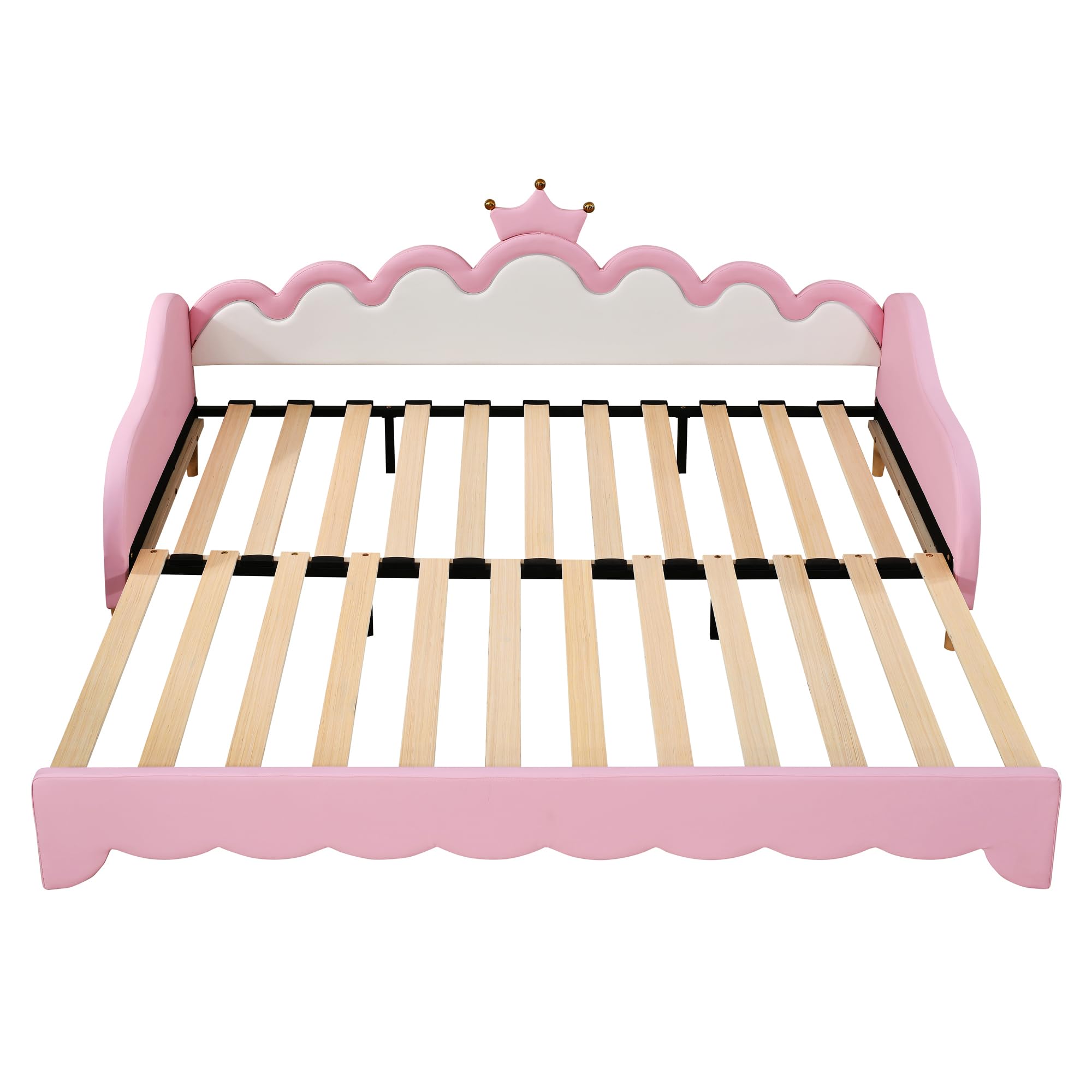 SOFTSEA Twin Upholstered Princess Daybed with LED Lights, Girls Princess Daybed with Extendable Trundle, Twin to King Faux Leather Daybed Frame with Crown Headboard for Kids Teens Audlts, Pink