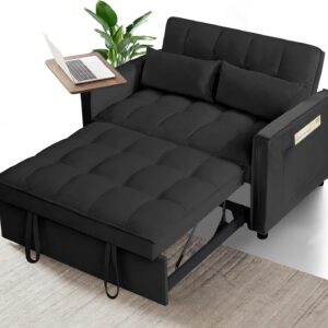 Rovibek 3 in 1 Convertible Sleeper Sofa Bed Pull Out Loveseat for Living Room Apartment Office with Side Table & Adjustable Backrest & Pillows, Black