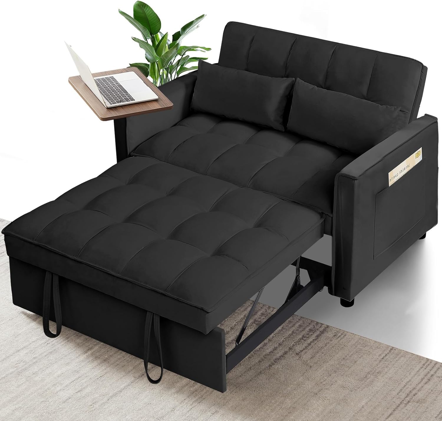 Rovibek 3 in 1 Convertible Sleeper Sofa Bed Pull Out Loveseat for Living Room Apartment Office with Side Table & Adjustable Backrest & Pillows, Black