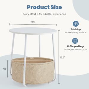 DUMOS Small Round Side End Table, Modern Nightstand with Fabric Storage Basket, Bedside Table for Living Room Bedroom (White & Beige