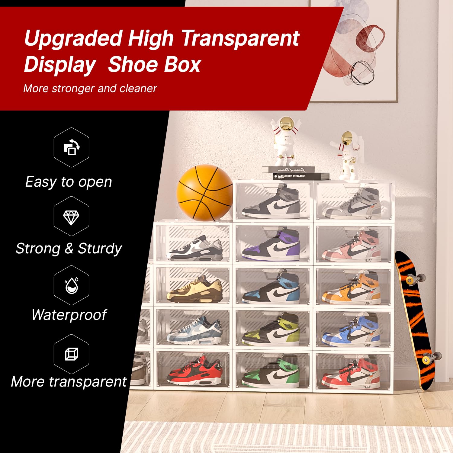 Foluck XX-Large Display Shoe Storage Box, 8 Pack Clear Plastic Stackable Shoe Organizer Containers for Closet, Space Saving Shoe Storage Organizer, Foldable Shoe Rack with Lids, White