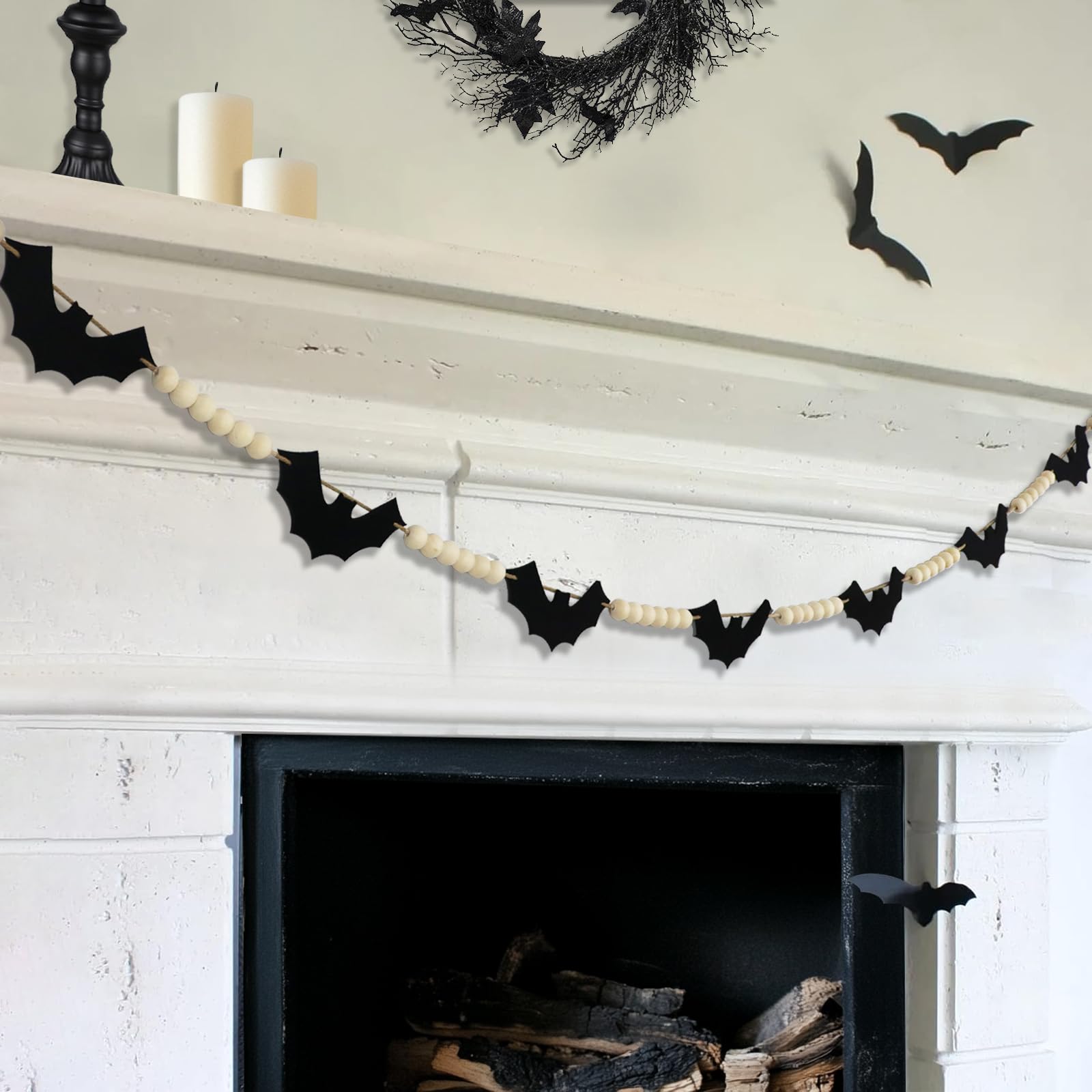 Halloween Garland Decorations - Adjustable Spooky Hanging Black Felt Bat Garland Fireplace Decor - Aesthetic Boho Wood Beads Mantel Garland for Home Room Indoor Farmhouse Office Wall Halloween Decor