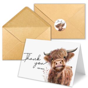 hiabnrt 50 pack highland cow thank you cards with envelopes, 4x6 in farm design greeting cards sympathy cards bulk for wedding, baby & bridal shower- with stickers