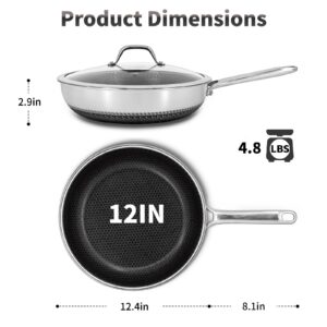 Bakoniion Hybrid Nonstick Frying Pan with Lid 12 Inch,Stainless Steel Honeycomb Pan Compatible with All Cooktops Dishwasher and Oven Safe