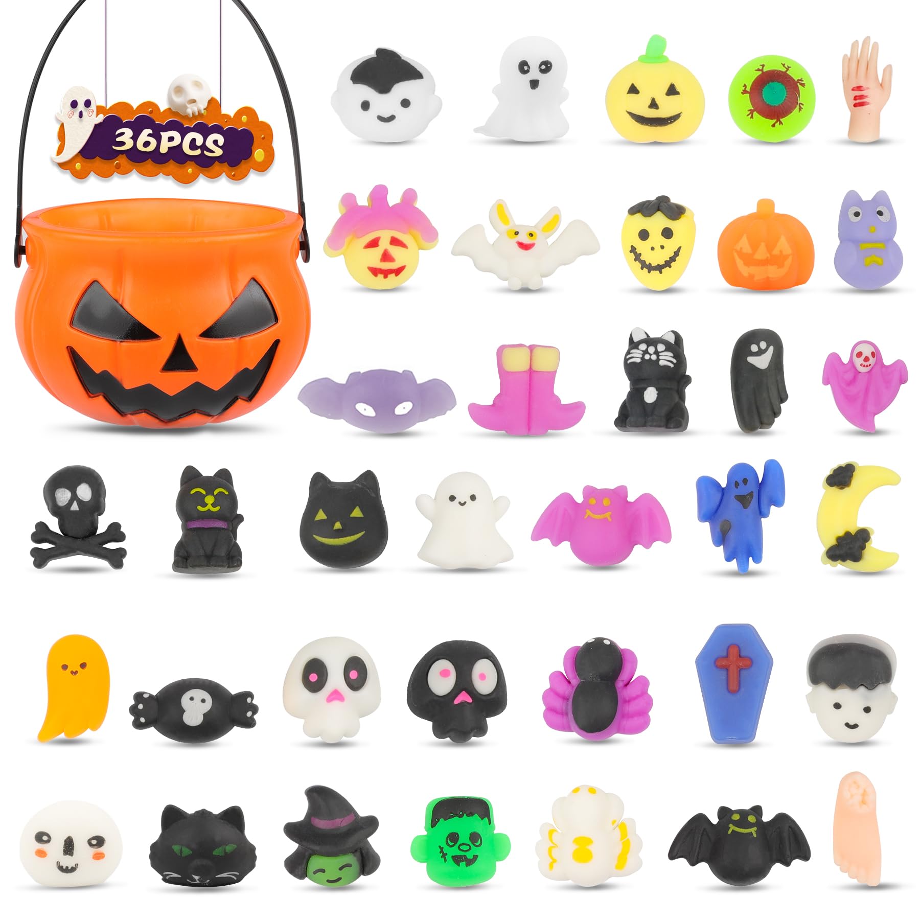 36PCS Halloween Mochi Squishy Toys with Pumpkin Bucket, WOXAFO Halloween Party Favors, Assorted Halloween Squeeze Gift Bulk Pumpkin Ghost Spider Squishies Toy for Kids