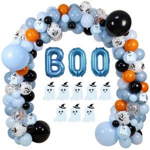 halloween baby shower decorations for boy, halloween balloon arch blue with cute ghost-pattern card for halloween theme baby shower decorations happy boo day party decorations