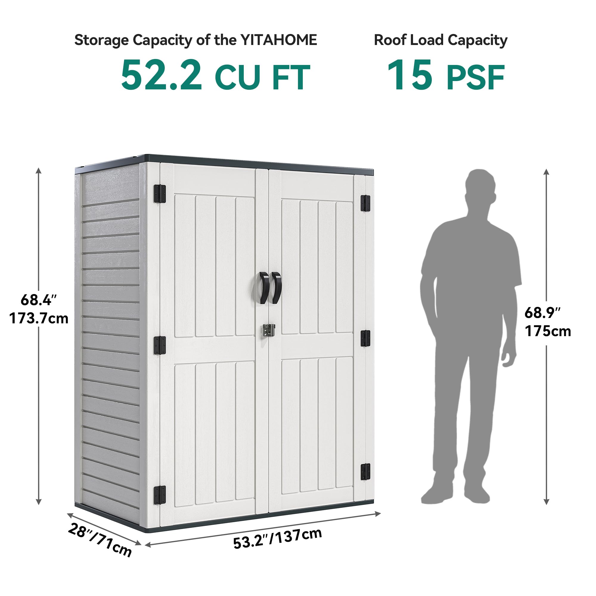 YITAHOME 59 cu ft Vertical Outdoor Storage Shed w/o Shelf, 5.6 x 2.3 ft Lockable HDPE Waterproof Tall Storage Cabinet, Suitable for Patio Furniture, Pool Accessories, and Garden Tools, Light Gray