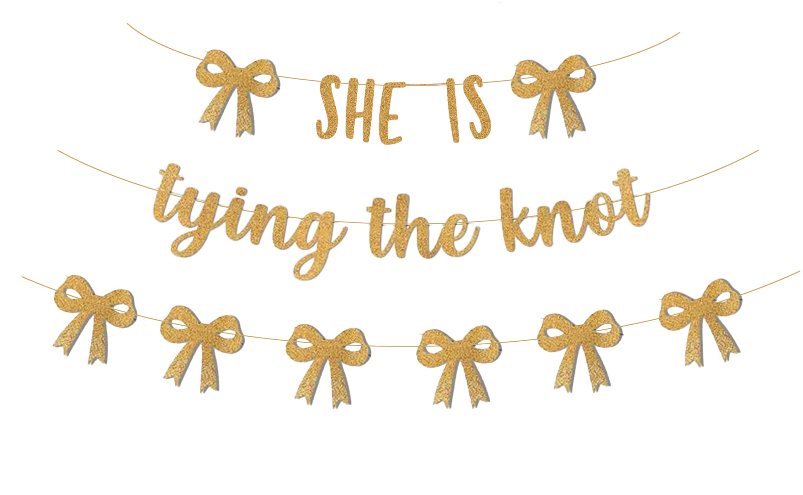 She Is Tying The Knot Bow Bridal Shower Party Banner Garland for Golden Coquette Bachelorette Party Decorations,Glitter Bow Theme Party Decor Supplies