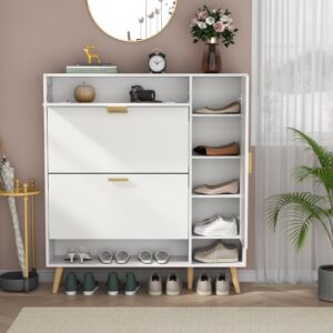 Loomie Shoe Cabinet, Shoe Storage Cabinet with 2 Flip Drawers & Side Cabinet, Narrow Shoe Cabinet with Doors, Hidden Shoe Storage with Adjustable Shelf, Slim Shoe Cabinet for Entryway (White)