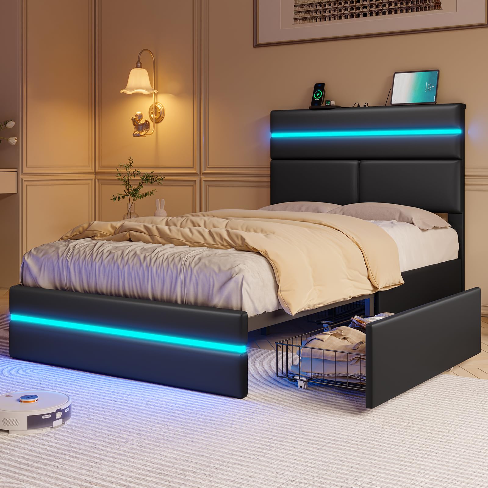 MSmask Twin Bed Frames with LED Lights and 4 Drawers, Upholstered Platform Bed Frame Twin Size with Lighted Storage Headboard & Footboard, Modern Black Futuristic Led Bed Frame, No Box Spring Needed