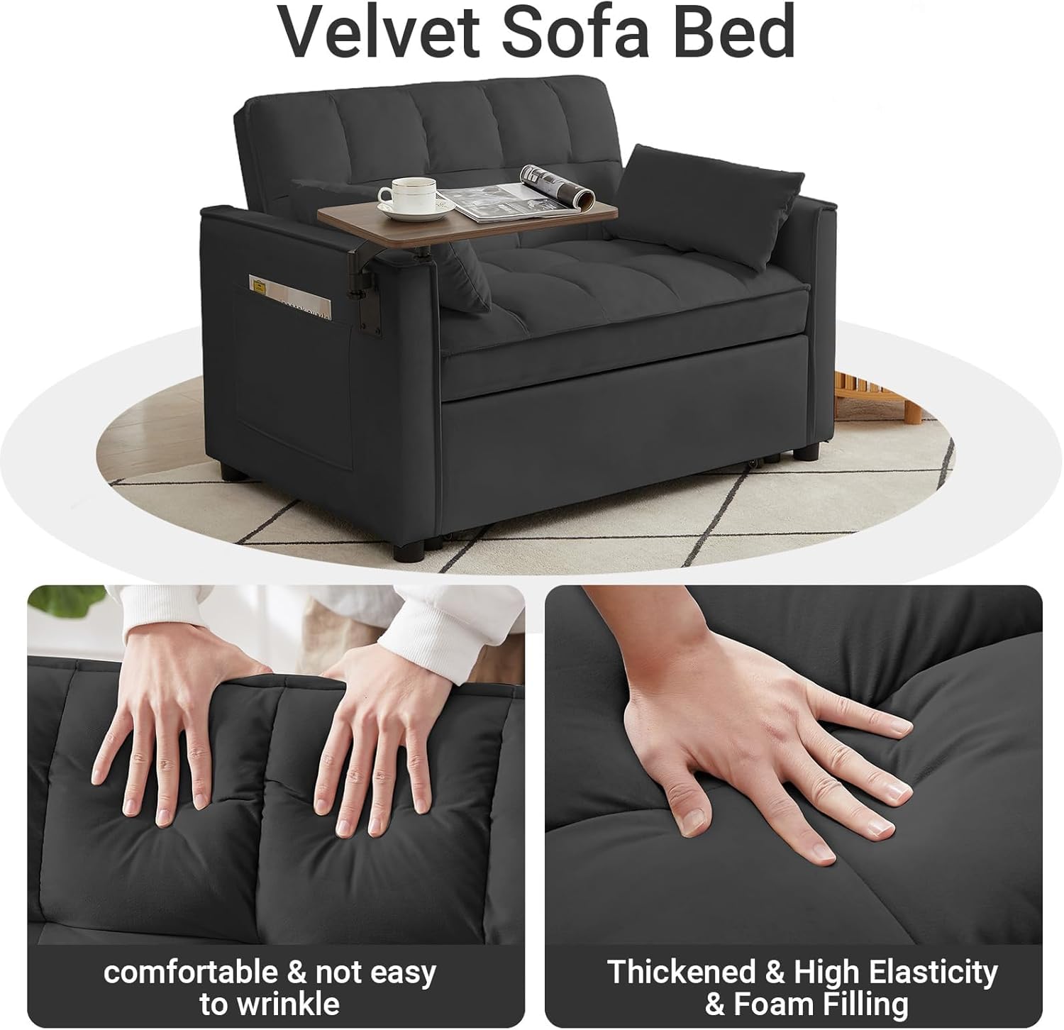 Rovibek 3 in 1 Convertible Sleeper Sofa Bed Pull Out Loveseat for Living Room Apartment Office with Side Table & Adjustable Backrest & Pillows, Black