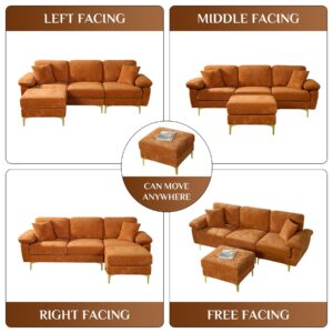 Wrofly L Shaped Sectional Sofa Couch, 88.5" Comfy Upholstered Velvet 3 Seat Sofa Set with Convertible Ottoman & 2 Pillows, Modern Deep Seat Cloud Couch for Living Room Office Apartment, Orange