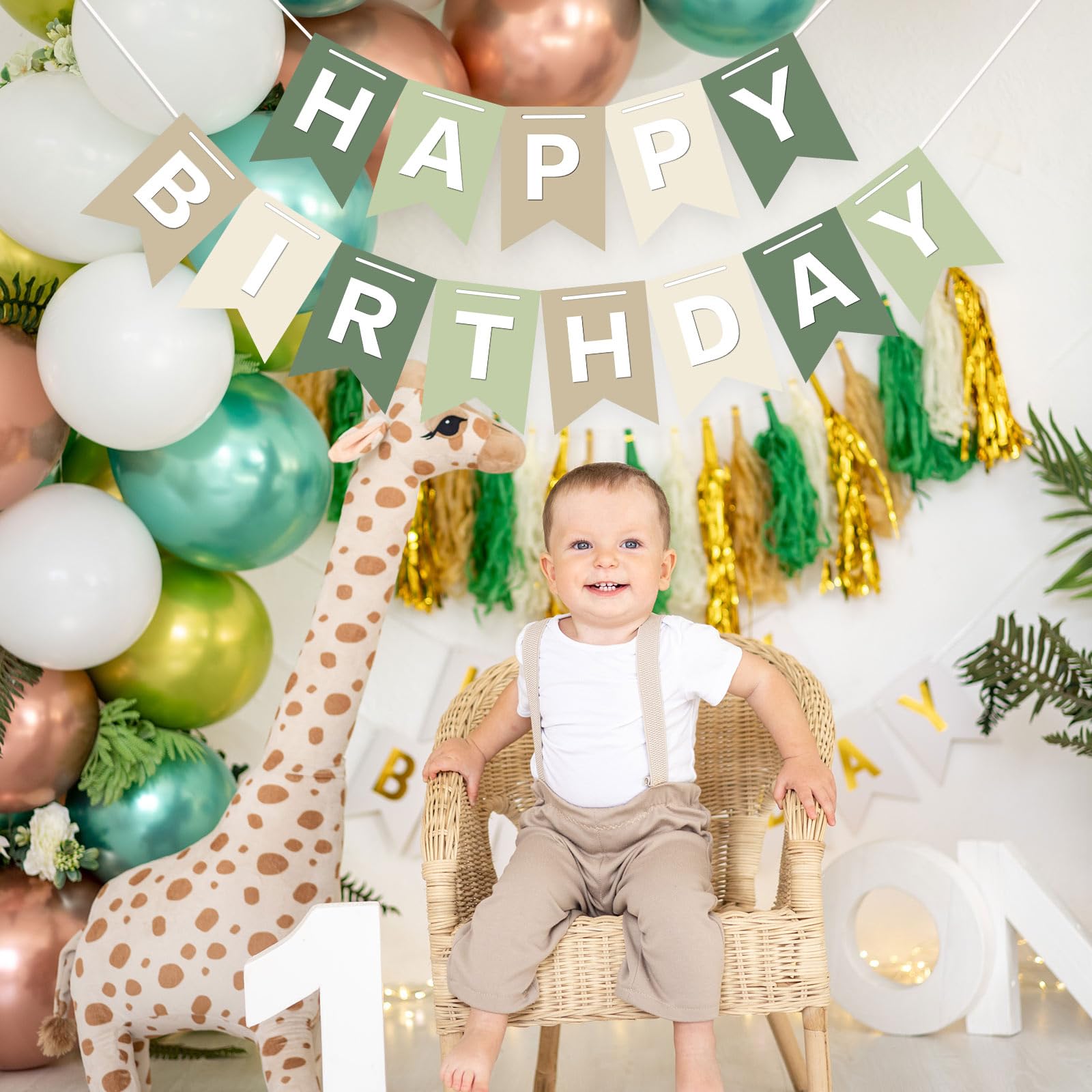 JarThenaAMCS Sage Green Happy Birthday Banner Birthday Theme Ivory Brown Hanging Banner Handmade Party Bunting Garland for Birthday Party Tea Party Baby Shower Home Nursery Backdrop Decor