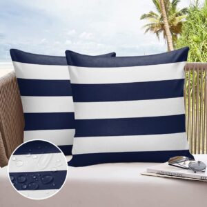 Outdoor Pillow Covers 26x26 Waterproof Polyester Throw Pillow Covers, Navy Blue White Stripes Decorative Pillowcases Garden Cushion Case for Patio Couch Sofa Decoration Set of 2, Geometric Summer