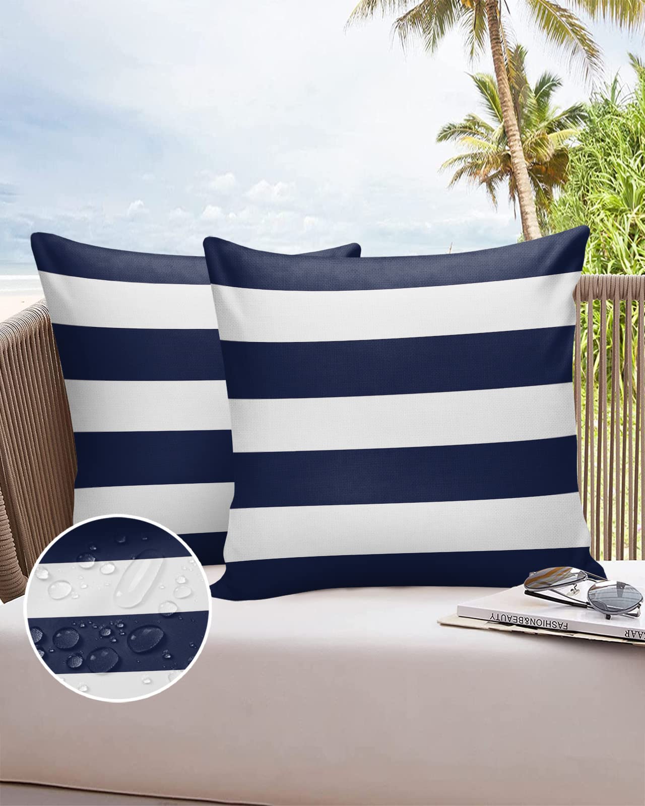 Outdoor Pillow Covers 26x26 Waterproof Polyester Throw Pillow Covers, Navy Blue White Stripes Decorative Pillowcases Garden Cushion Case for Patio Couch Sofa Decoration Set of 2, Geometric Summer