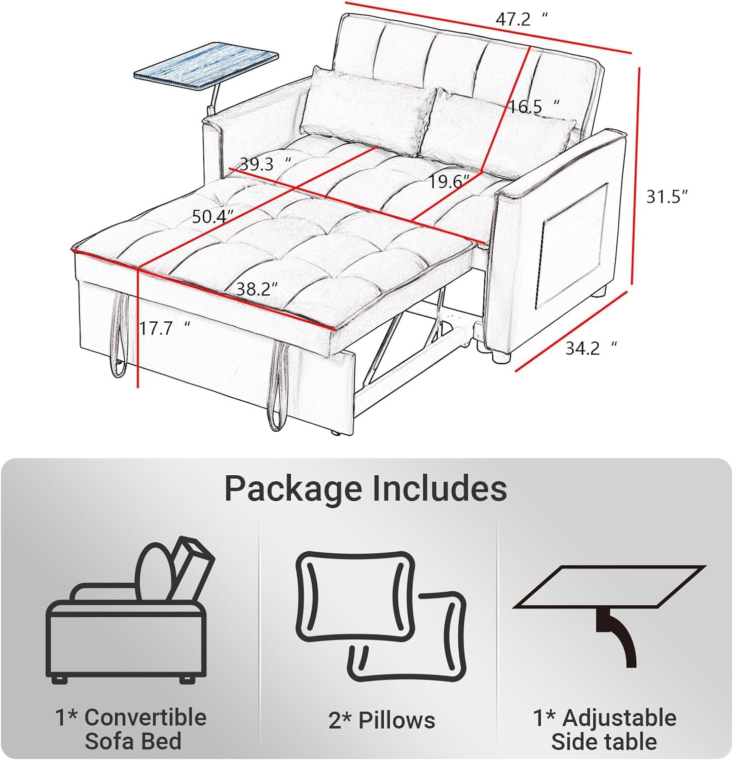 Rovibek 3 in 1 Convertible Sleeper Sofa Bed Pull Out Loveseat for Living Room Apartment Office with Side Table & Adjustable Backrest & Pillows, Black