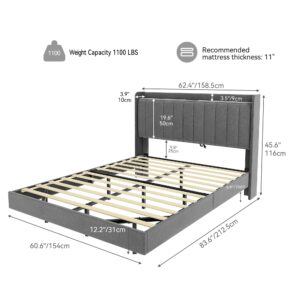 DWVO Floating Bed Frame Queen Size, LED Bed Frame with Charging Station & Hidden Legs, Upholstered Platform Bed with Bookcase Headboard, Robust Steel Structure & Easy Assembly, Grey