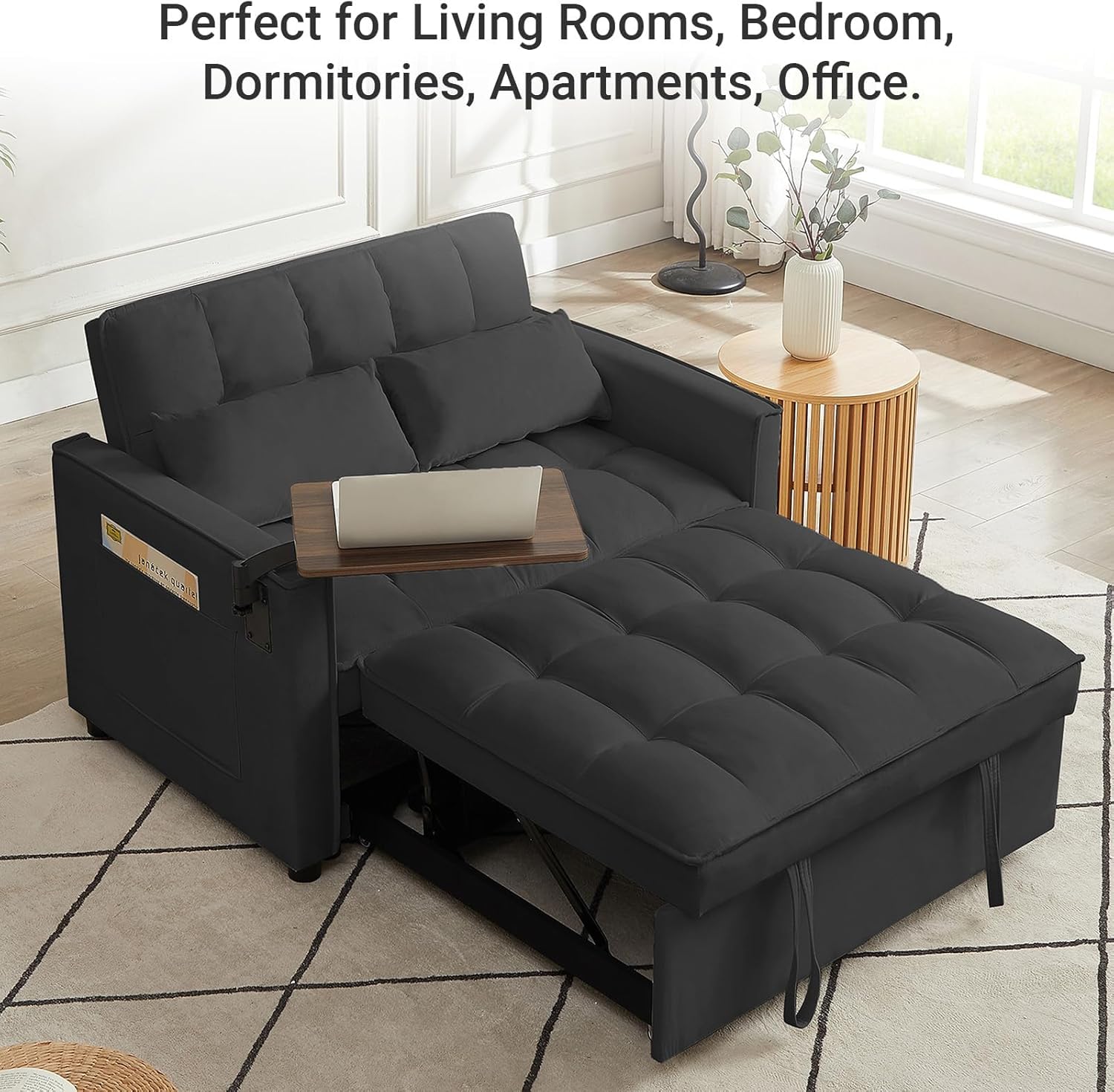 Rovibek 3 in 1 Convertible Sleeper Sofa Bed Pull Out Loveseat for Living Room Apartment Office with Side Table & Adjustable Backrest & Pillows, Black