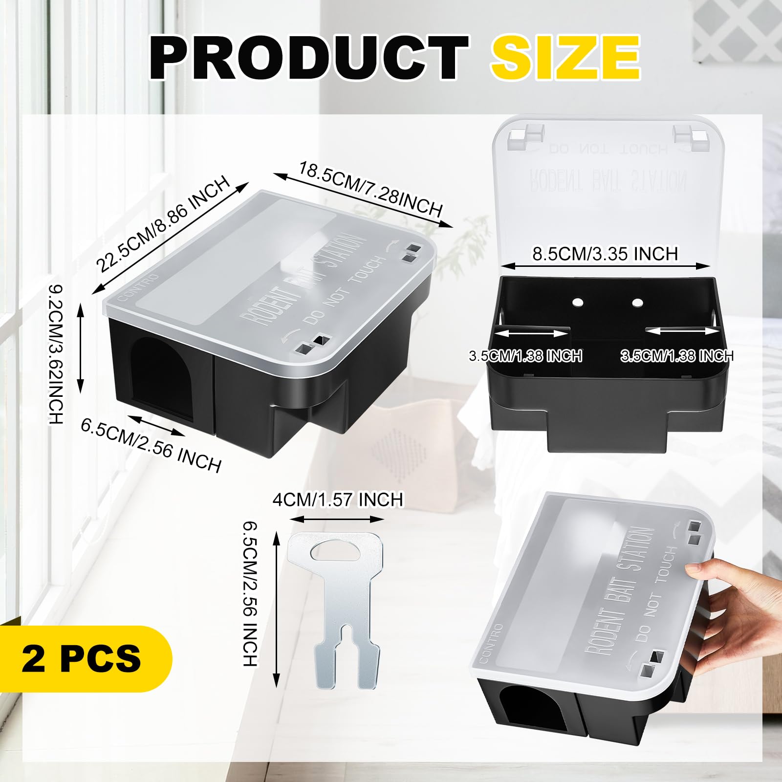 Qualirey 2 Pcs Rat Bait Station 8.86 x 7.28 x 3.62 Inches Rat Bait Traps with Clear Lid, Black Bait Blocks Boxes with 2 Keys for Rat, Keeps Children and Pets Safe Indoor & Outdoor, Bait Not Included