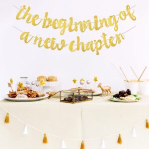 AOZUO The Beginning of A New Chapter Banner, Glitter Farewell Party Decorations Happy Retirement Graduation Banner House Warming Moving Away Engagement Job Change Party Supplies(Gold)