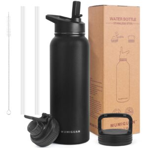 40oz insulated water bottle with 3 lids(straw, hand and spout lid), double vacuum stainless steel metal water flask(bpa-free, cpc) for sports, camping, hiking, cycling, fitness and more(black)