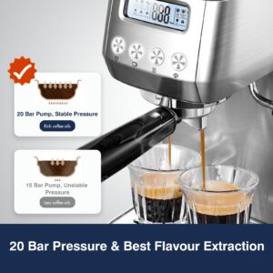 amzchef Espresso Machines 20 Bar, Espresso Maker with Milk Frother & LCD Panel, Adjustable Temp, Compact Cappuccino Machines for Home Gifts, Stainless Steel