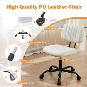 Warmiehomy Armless Office Chair with Wheels Small Swivel Rolling Desk Chair PU Leather Hieght Adjustable Computer Task Chair Modern Vanity Chair with Low Back Lumbar Support,White