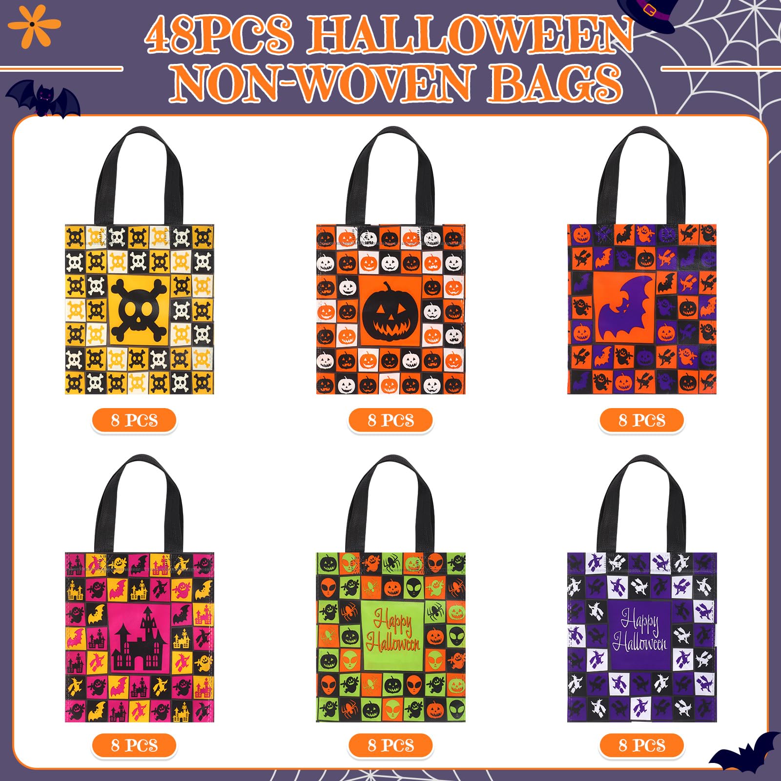 Ribbonlic 48 Pcs Halloween Treats Bags Halloween Tote Gift Bags Reusable Candy Goodie Bags for Halloween Party Favors(Creative Style)