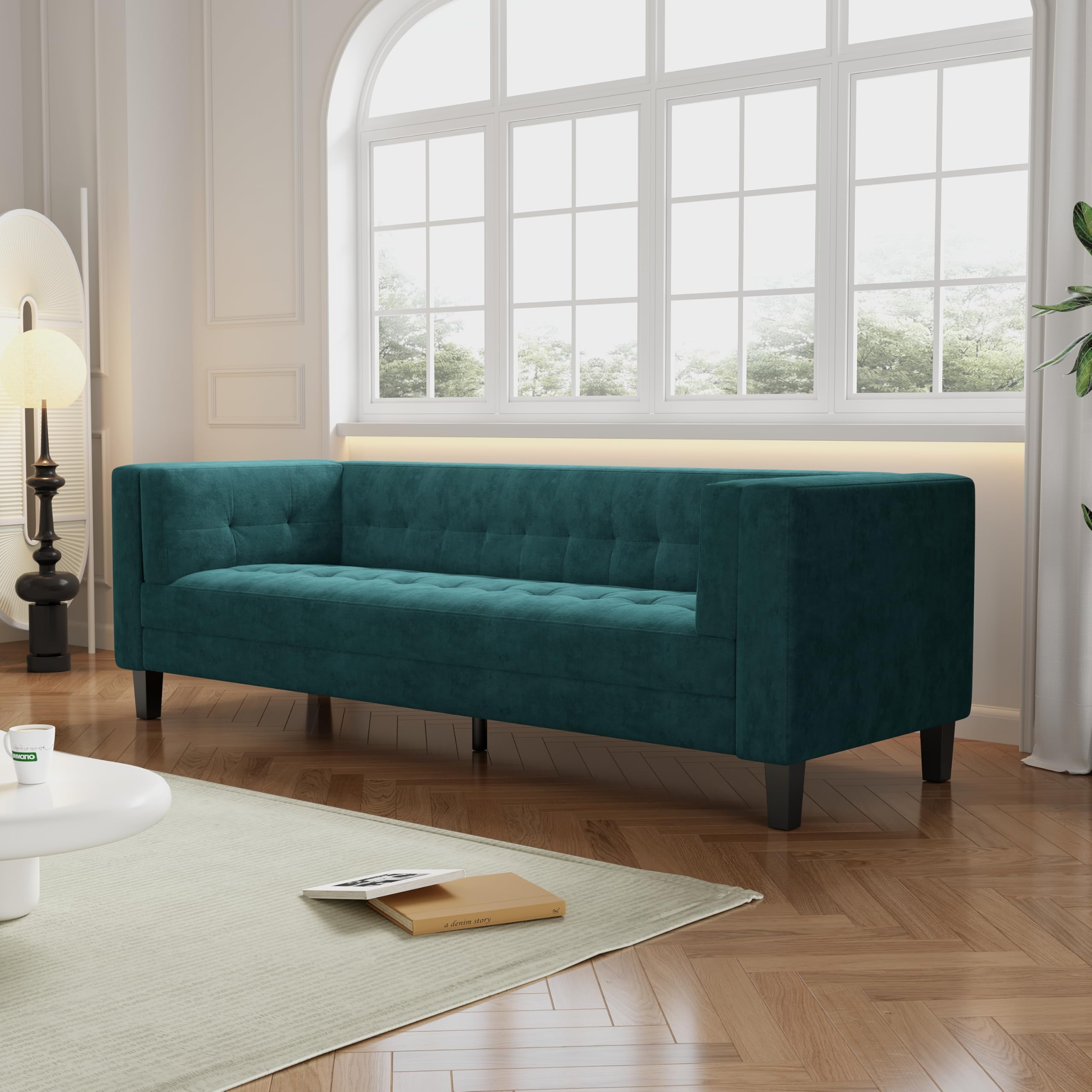 Dolonm 90" Modern Sofa Couch, Deep Seat Sofa for Living Room, Velvet Couch with Button Tufted Design, 3-Seater Oversized Couch for for Living Room, Office, Apartment, Green