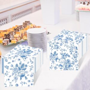 Lonfliness 120Pcs Blue Floral Napkins 2 Designs Flower Chinoiserie Paper Napkins Blue and White Disposable Decorations Dinner Dessert Supplies for Wedding Birthday Baby Bridal Shower Tea Party Decor