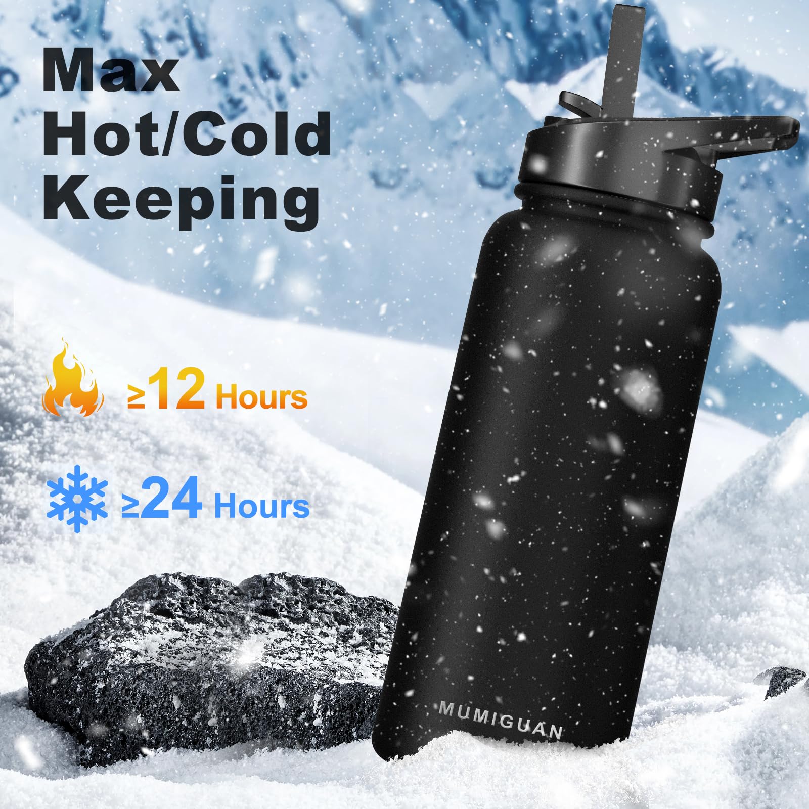 40oz Insulated Water Bottle with 3 Lids(Straw, Hand and Spout Lid), Double Vacuum Stainless Steel Metal Water Flask(BPA-free, CPC) for Sports, Camping, Hiking, Cycling, Fitness and more(Black)