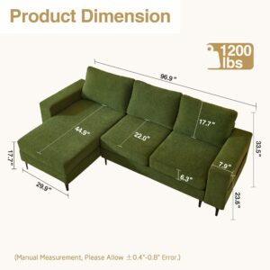 XIZZI 97" Convertible L Shaped Sectional Sofa - 3 Seat Sofa Couch with Chaise Lounge for Living Room,Comfy Oversized Seat Modern Wide Armrest Sofa Set for Apartment Office (Green, Left Hand Facing)