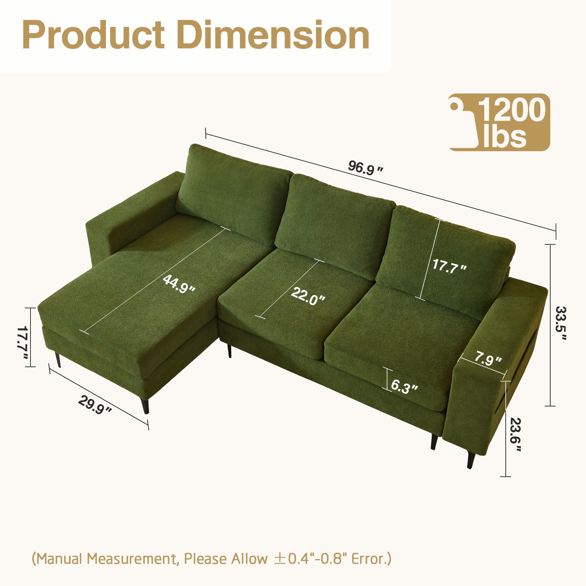 XIZZI 97" Convertible L Shaped Sectional Sofa - 3 Seat Sofa Couch with Chaise Lounge for Living Room,Comfy Oversized Seat Modern Wide Armrest Sofa Set for Apartment Office (Green, Left Hand Facing)