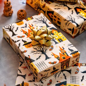 Yarcony Halloween Wrapping Paper Roll - 17 Inch X 33 Feet - Metallic Foil Classic Orange Haunted House, Pumpkin and Bat Pattern Gift Wrap Paper Sheet for Halloween's Day, Holiday Decorations, Birthday