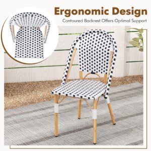 Tangkula French Bistro Chair Set of 4, Outdoor Armless Dining Chairs with Hand-Woven Rattan, Accent Chairs with Galvanized Metal Frame for Garden Kitchen Backyard Porch (Black & White)