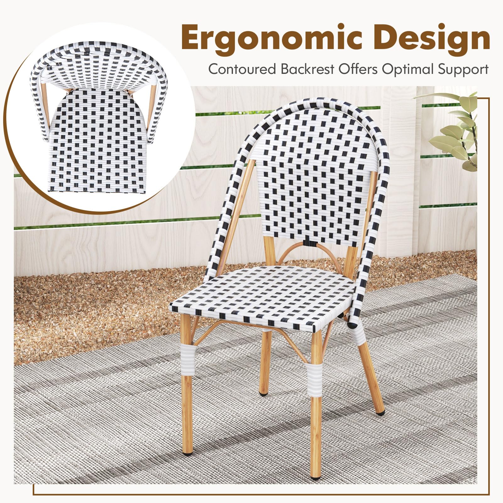 Tangkula French Bistro Chair Set of 4, Outdoor Armless Dining Chairs with Hand-Woven Rattan, Accent Chairs with Galvanized Metal Frame for Garden Kitchen Backyard Porch (Black & White)