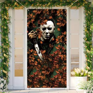 Michael Myers Door Cover Scary Creepy Halloween Photo Backdrop Halloween Birthday Party Decorations and Supplies for Home