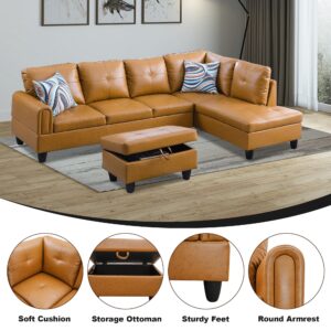 Dormily Ginger Faux Leather L Shaped Sofa Set, Leather Sectional Couch Set with Storage Ottoman, Ginger Sectional Couch Set Furniture for Living Room, Office, Apartment