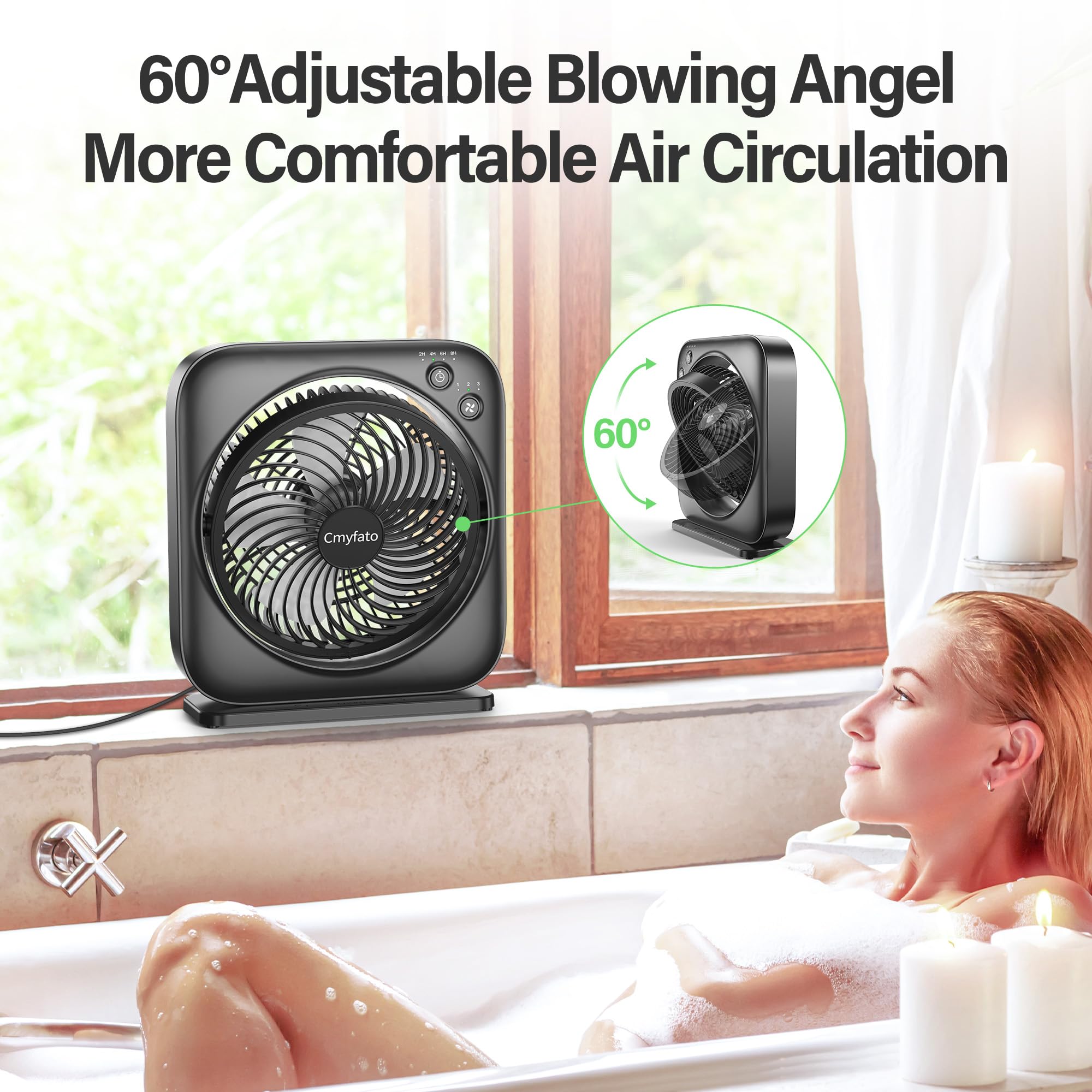 Cmyfato Window Fan,Small Box Fan with 3 Powerful Speed & 4 Timer Setting,12 inch Portable Table fan, 60° Pivoting Quiet Square DC Fan for Home Office Bedroom Bathroom Kitchen