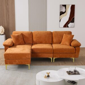 Wrofly L Shaped Sectional Sofa Couch, 88.5" Comfy Upholstered Velvet 3 Seat Sofa Set with Convertible Ottoman & 2 Pillows, Modern Deep Seat Cloud Couch for Living Room Office Apartment, Orange