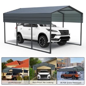 10x15 Ft Metal Carport, Heavy Duty Car Port with Galvanized Steel Roof, Outdoor Car Garage, Large Carport Canopy, Steel Car Shelter for Car, Boats and Truck, Charcoal Black