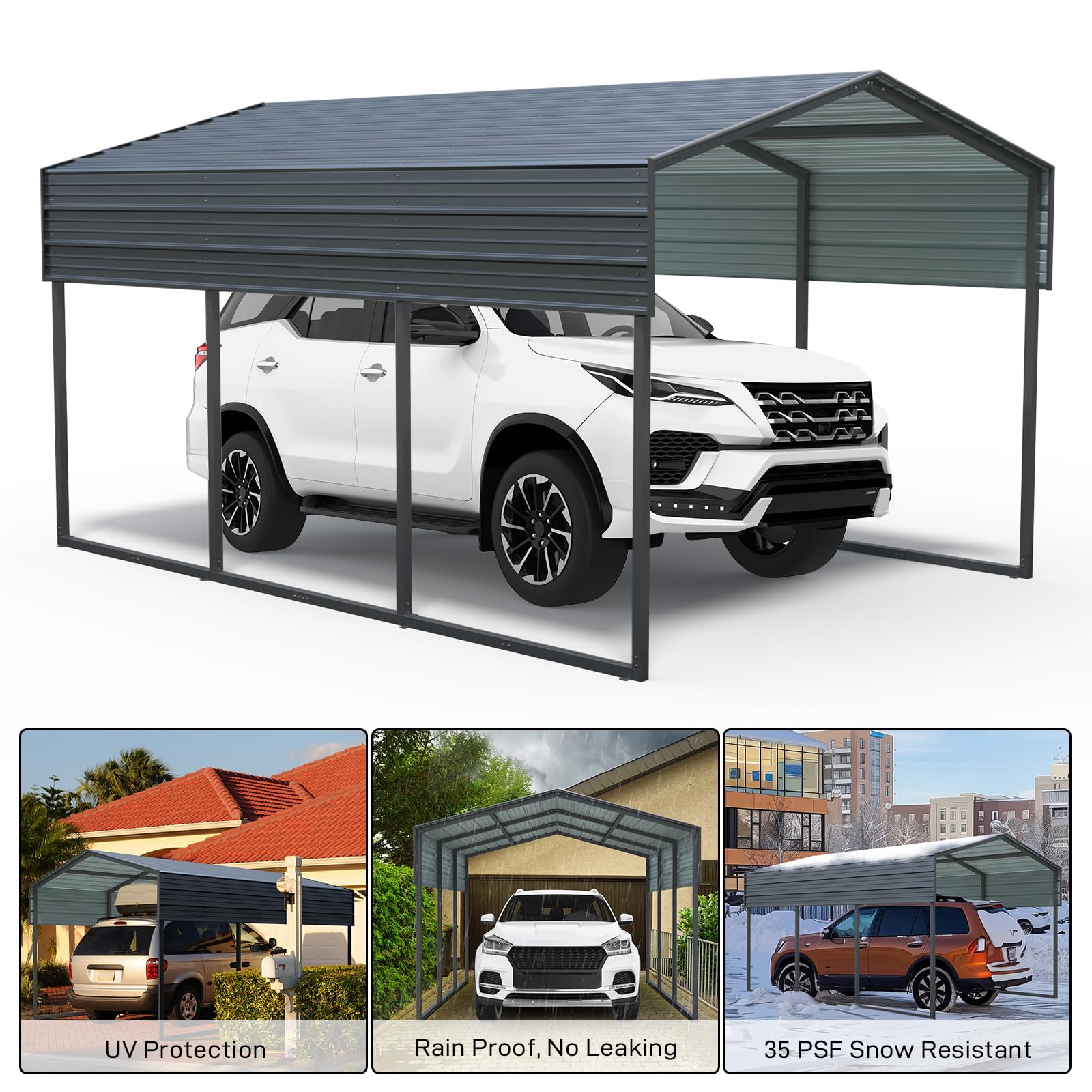 10x15 Ft Metal Carport, Heavy Duty Car Port with Galvanized Steel Roof, Outdoor Car Garage, Large Carport Canopy, Steel Car Shelter for Car, Boats and Truck, Charcoal Black