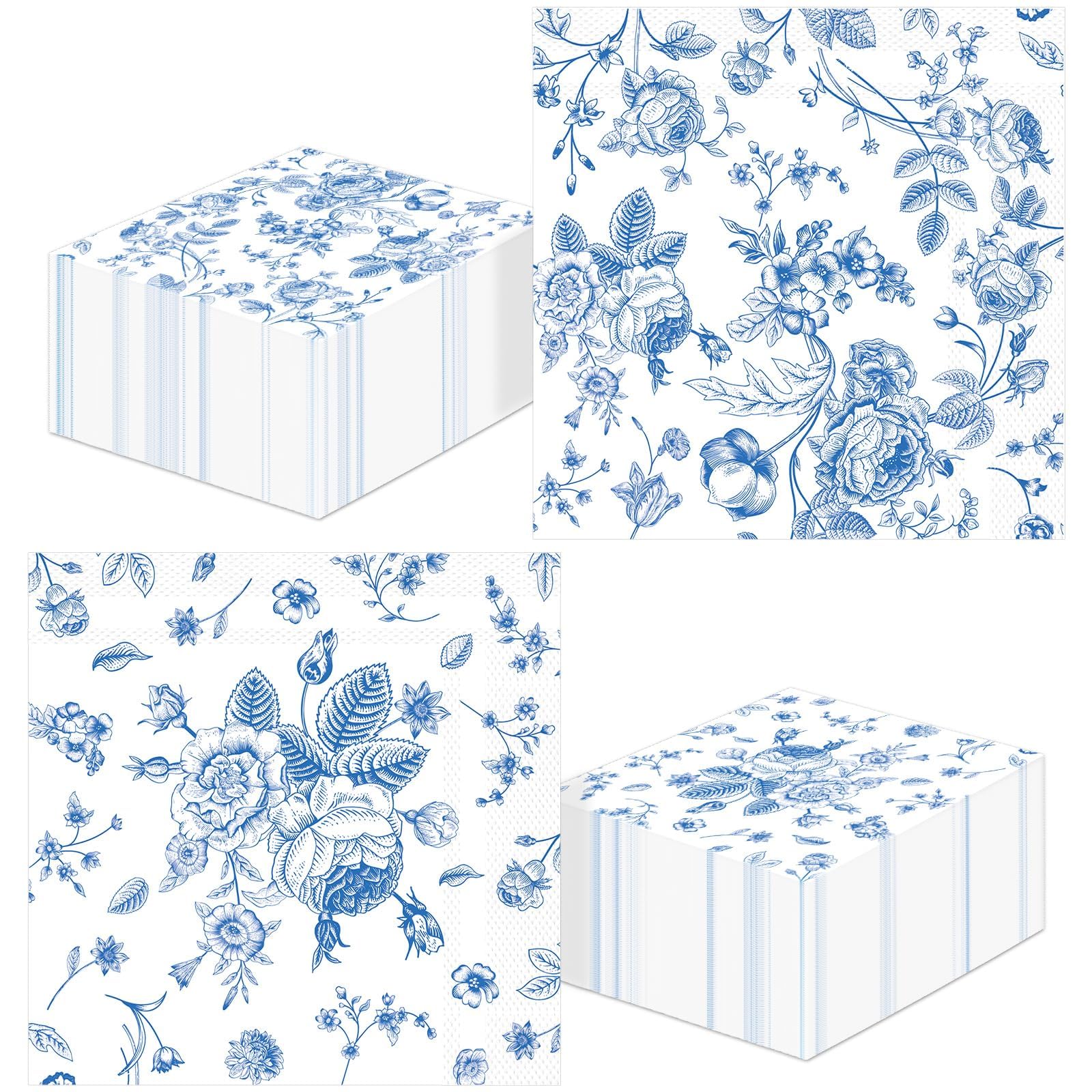 Lonfliness 120Pcs Blue Floral Napkins 2 Designs Flower Chinoiserie Paper Napkins Blue and White Disposable Decorations Dinner Dessert Supplies for Wedding Birthday Baby Bridal Shower Tea Party Decor